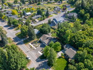 Aerial perspective showcasing a residential area with varied home styles and mature tree coverage