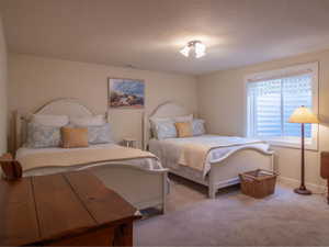 Carpeted room featuring two beds with white headboards and footboards, a window with horizontal blinds, and a semi-flush ceiling light fixture