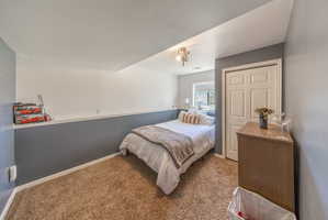 Carpeted room with a ceiling-mounted light fixture, a window, and a paneled closet door