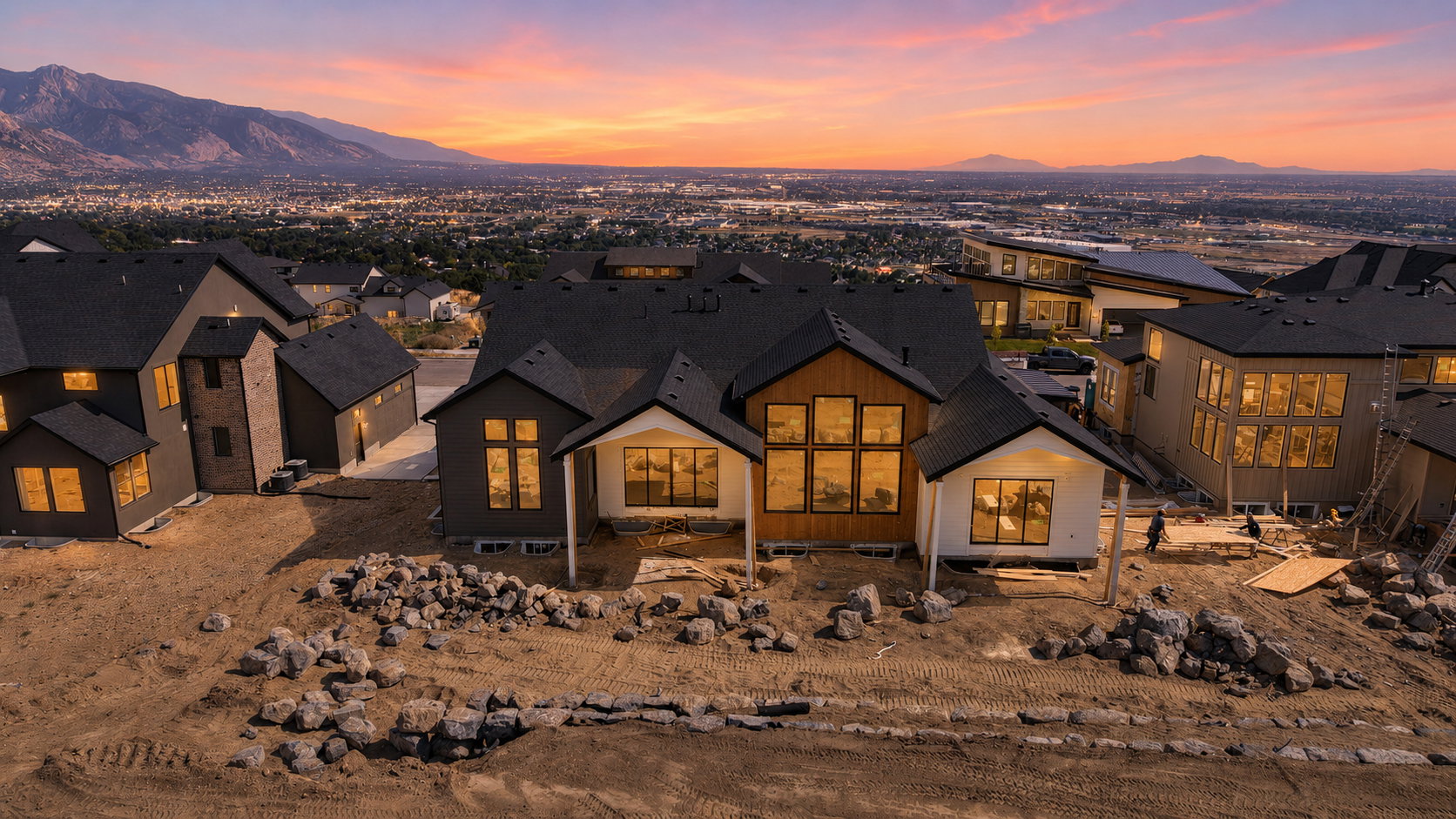 Contemporary residence featuring a dark gray exterior with wood-finish siding accents and white trim