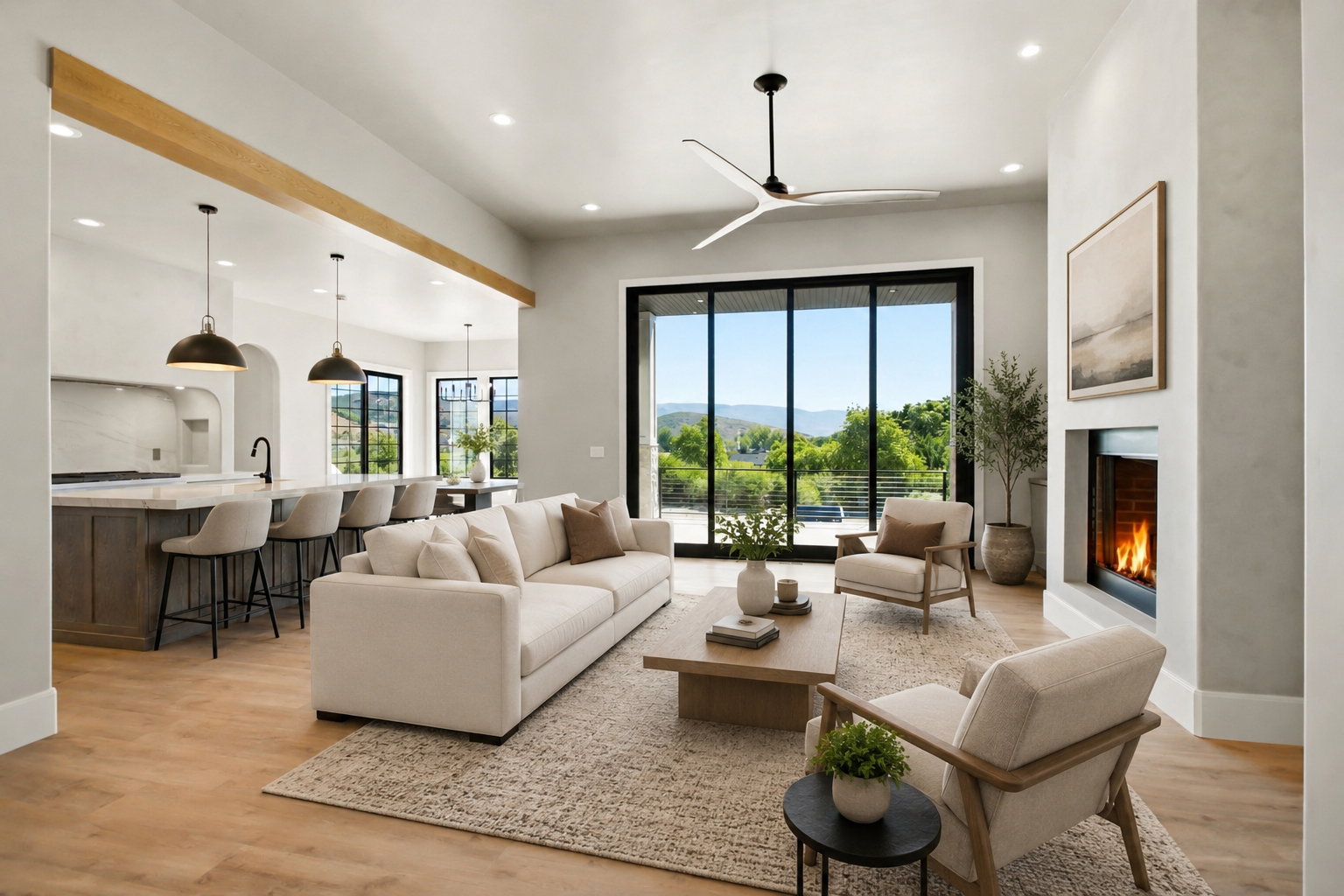 Open-concept living area with a contemporary fireplace and large sliding glass doors