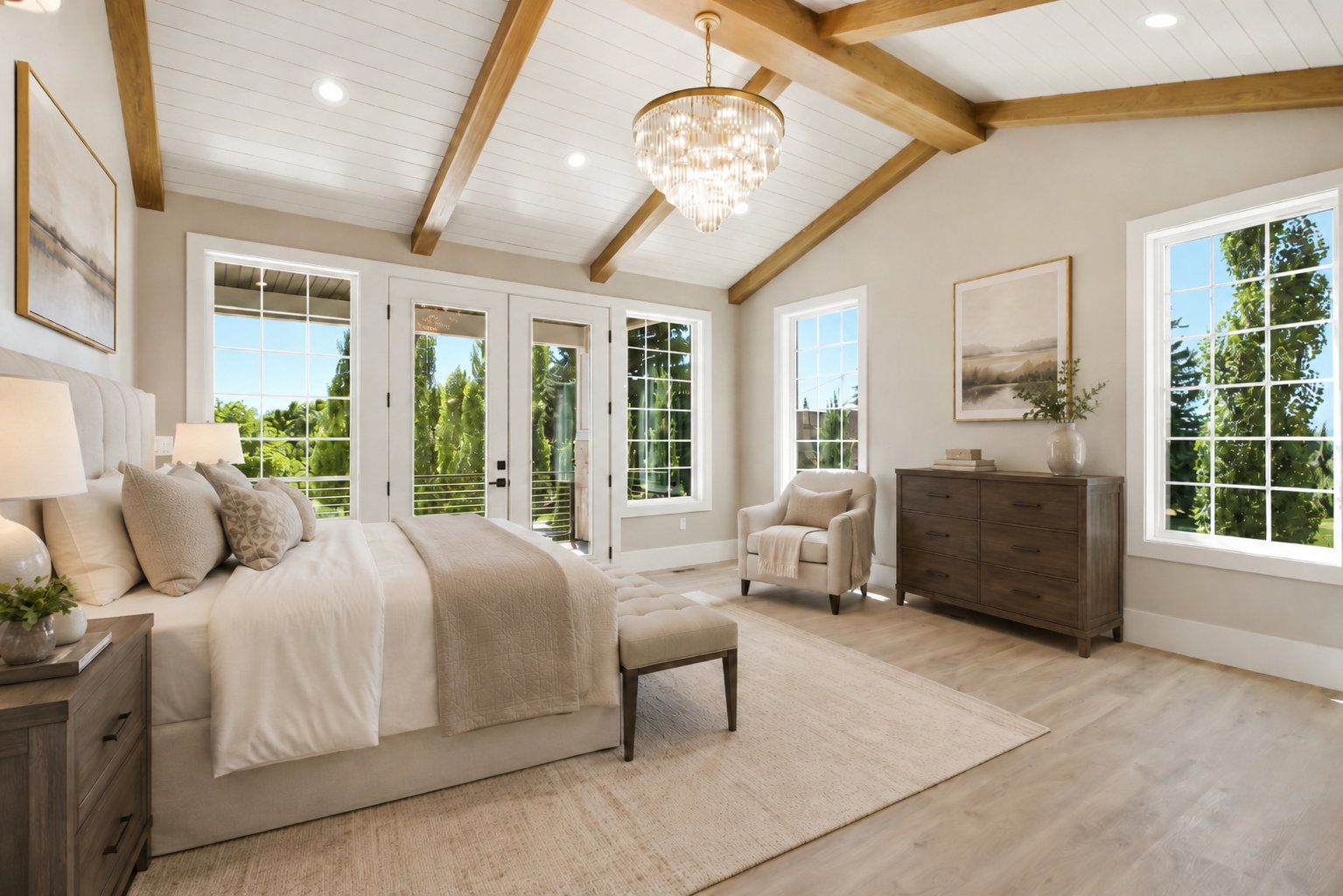 Vaulted ceiling with exposed wood beams and plank paneling