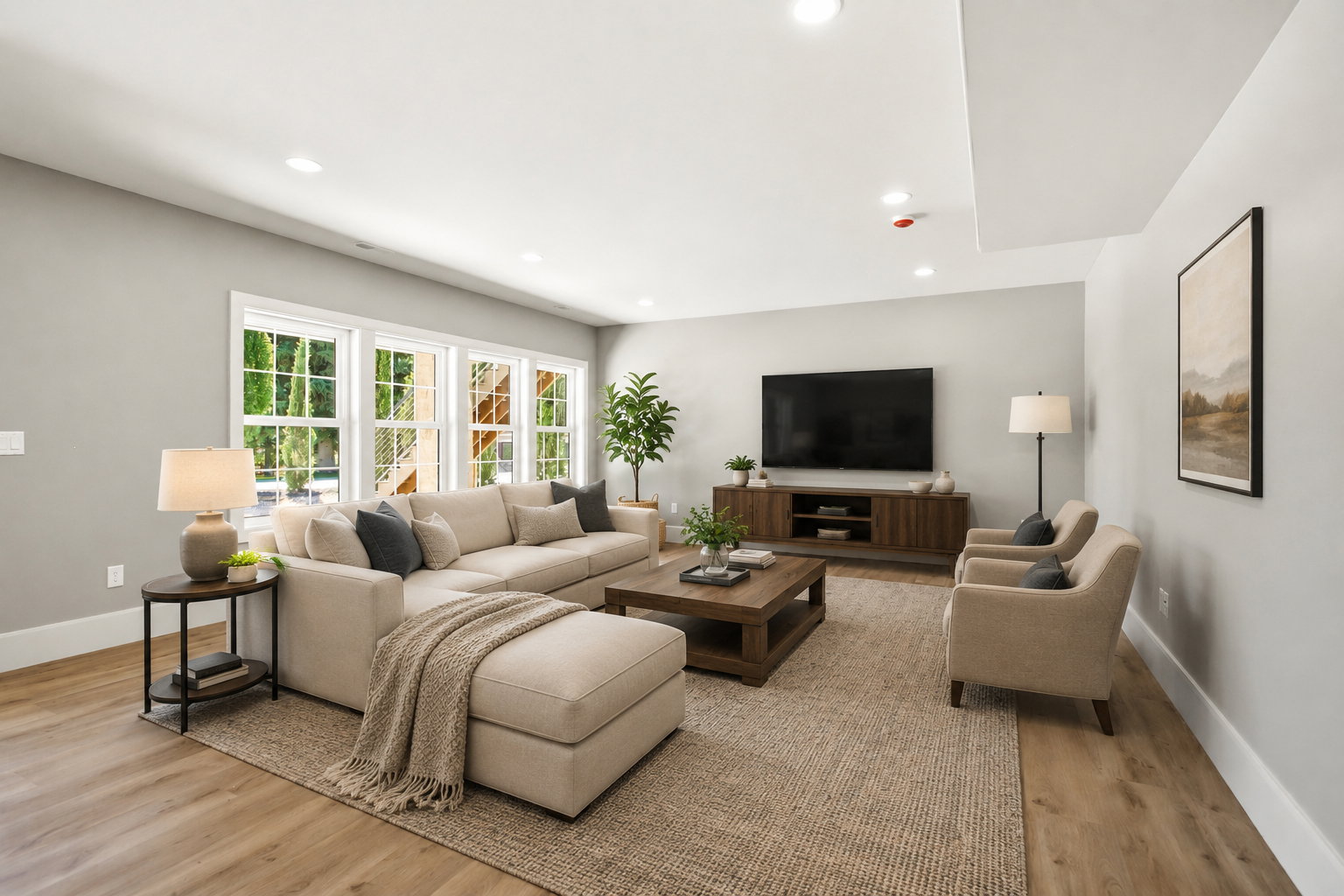 Spacious living area featuring light-toned wood-finish flooring, a series of transom windows, recessed lighting, and a neutral color palette