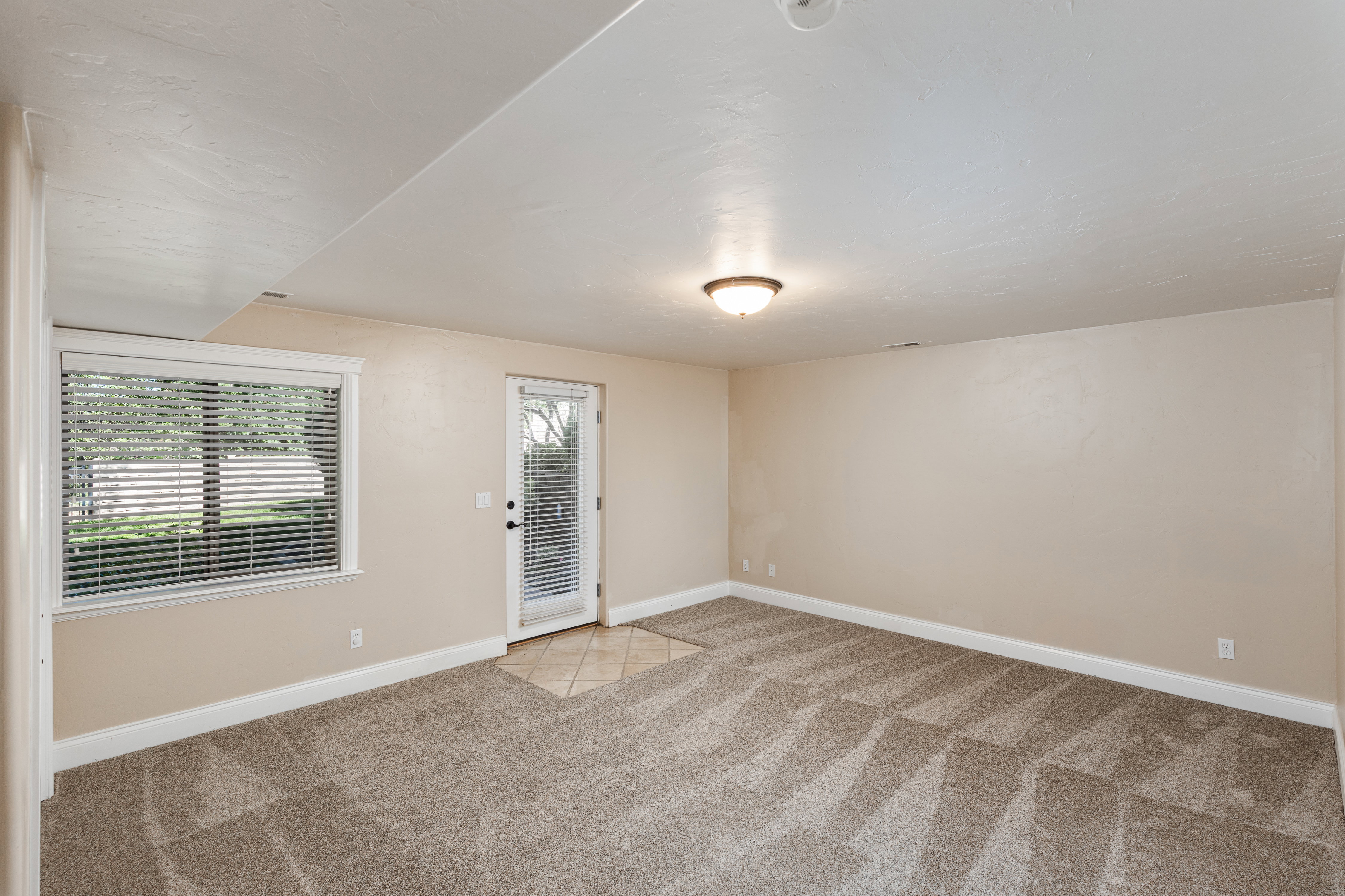 Spacious room featuring patterned carpeting, neutral wall finishes, and white baseboards