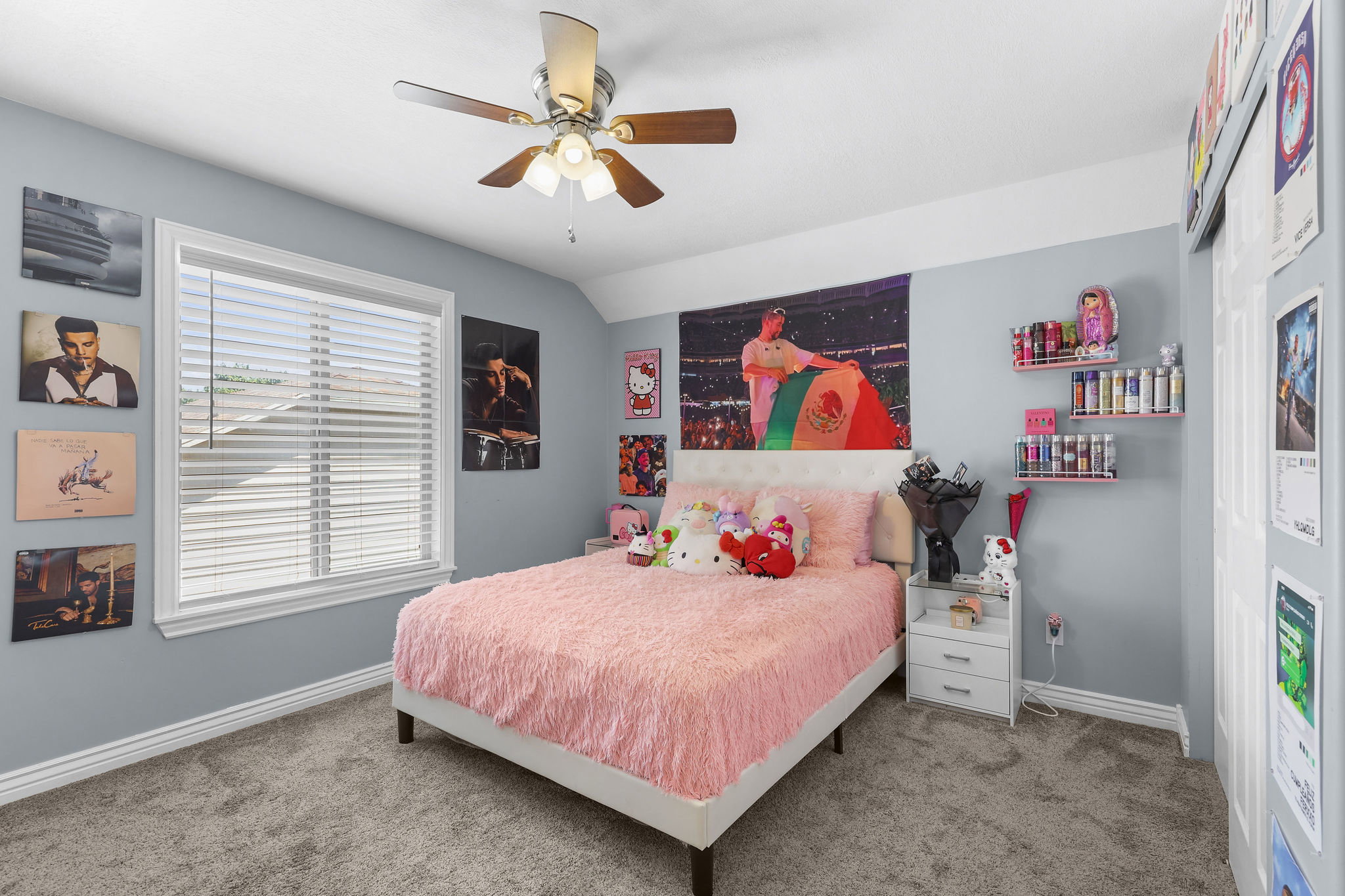 Carpeted room with a ceiling fan, a window with blinds, and light blue walls