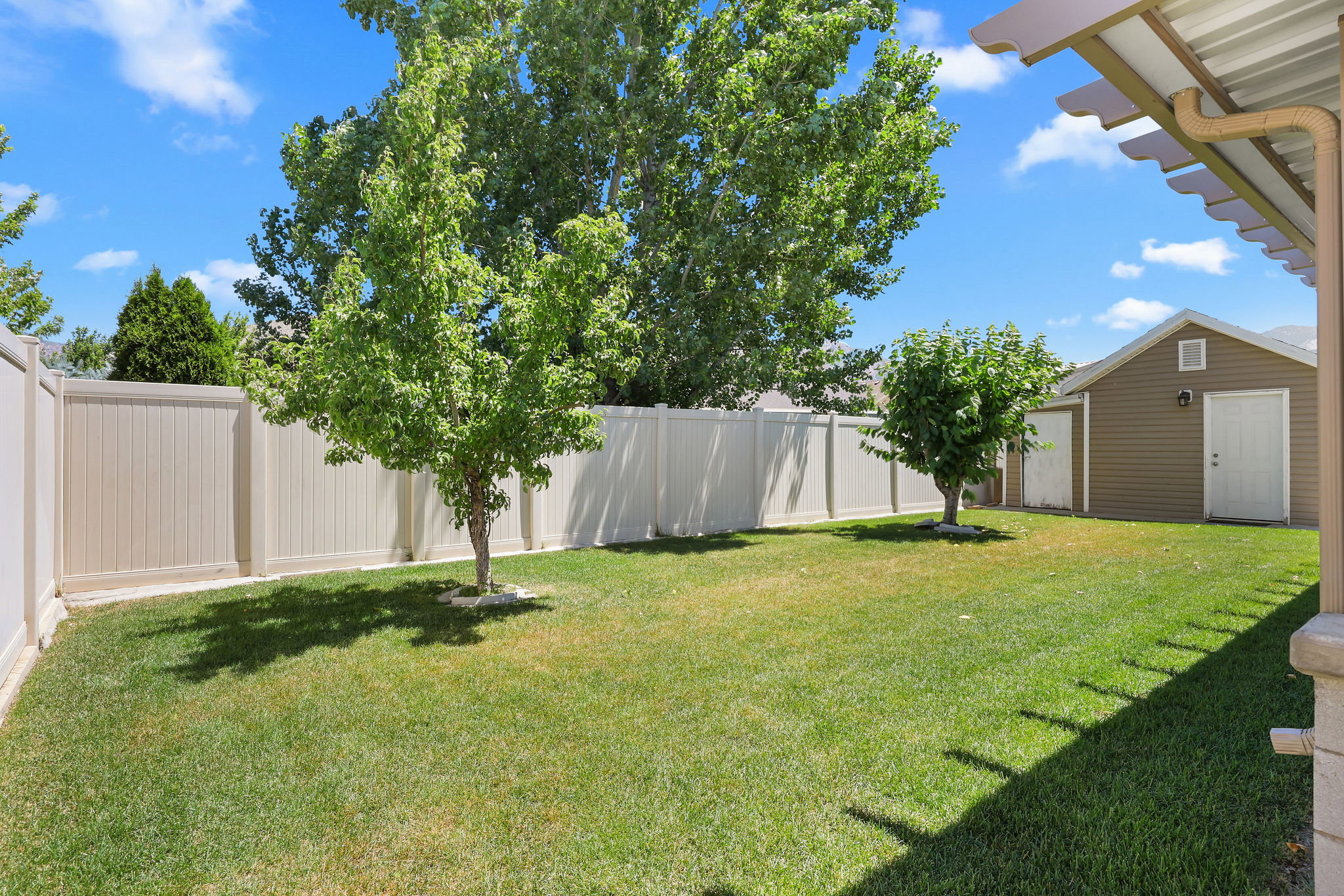 Private backyard featuring a well-maintained lawn, perimeter fencing, mature trees, and a detached storage shed with a side entry door