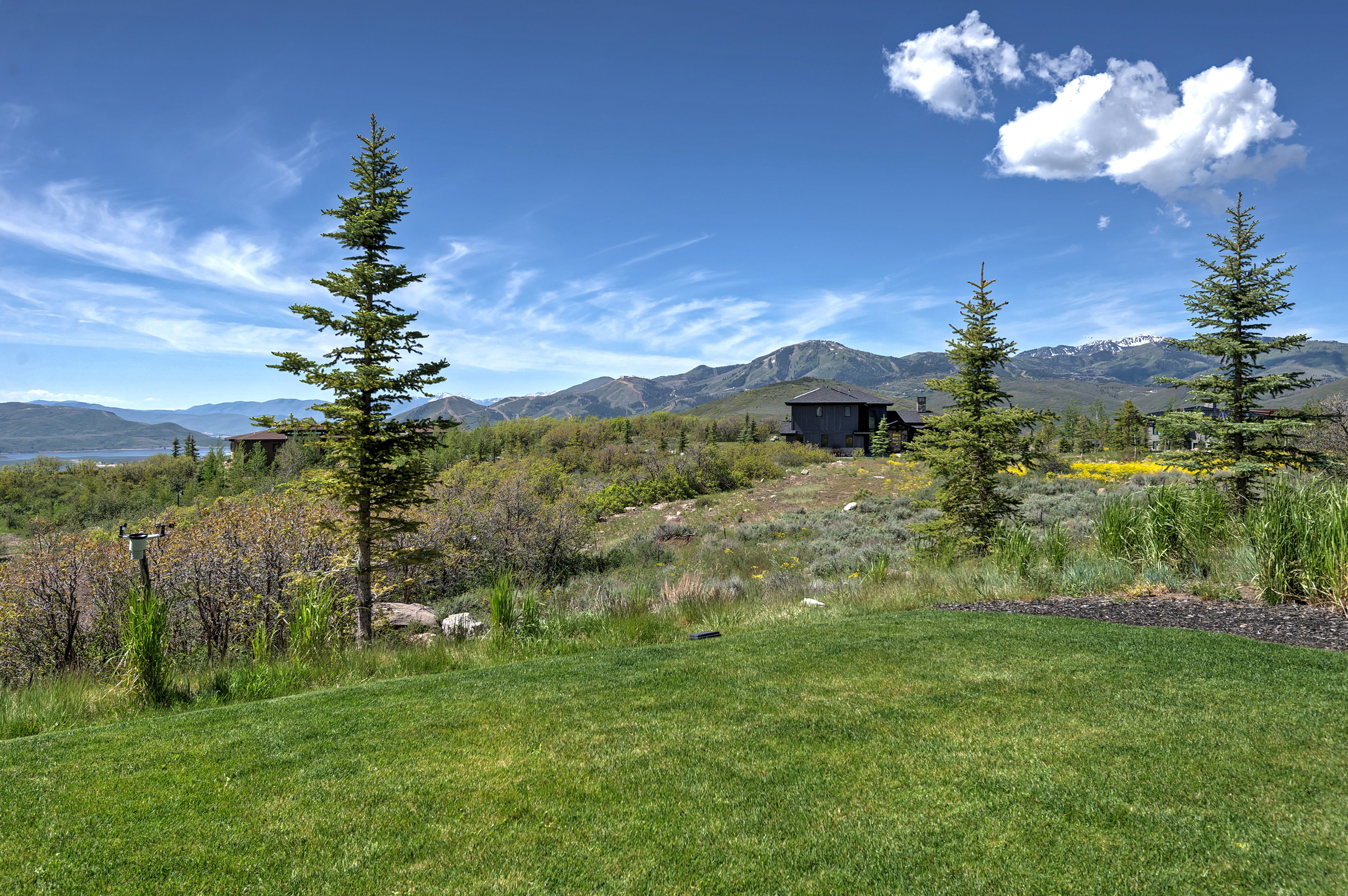 Expansive lawn with distant mountain and water scenery