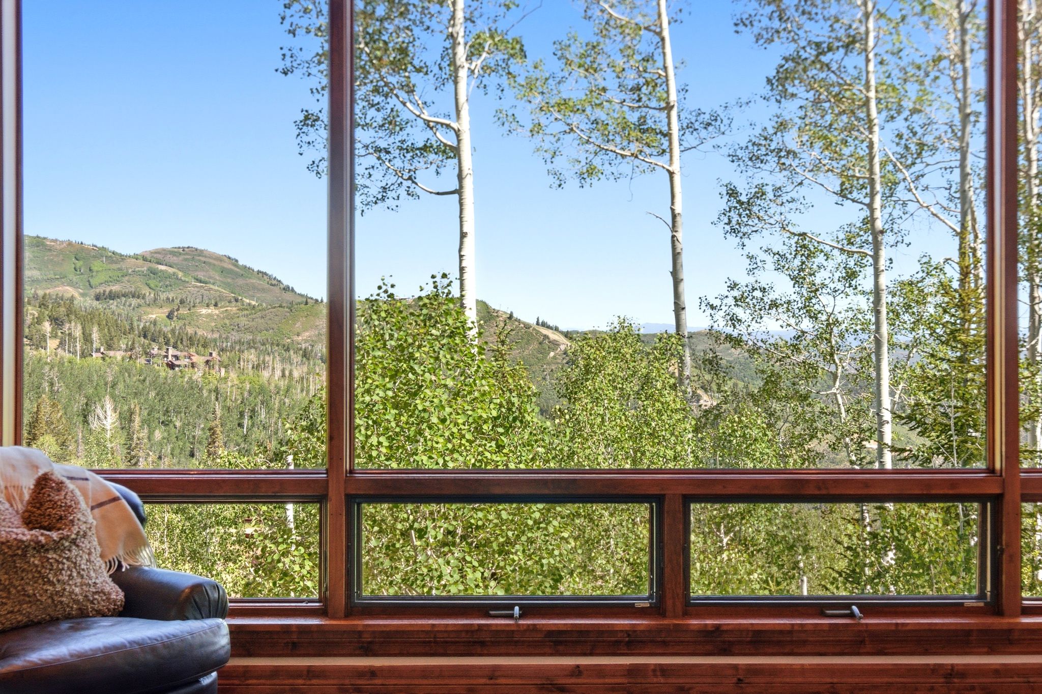Expansive floor-to-ceiling windows with rich wood frames
