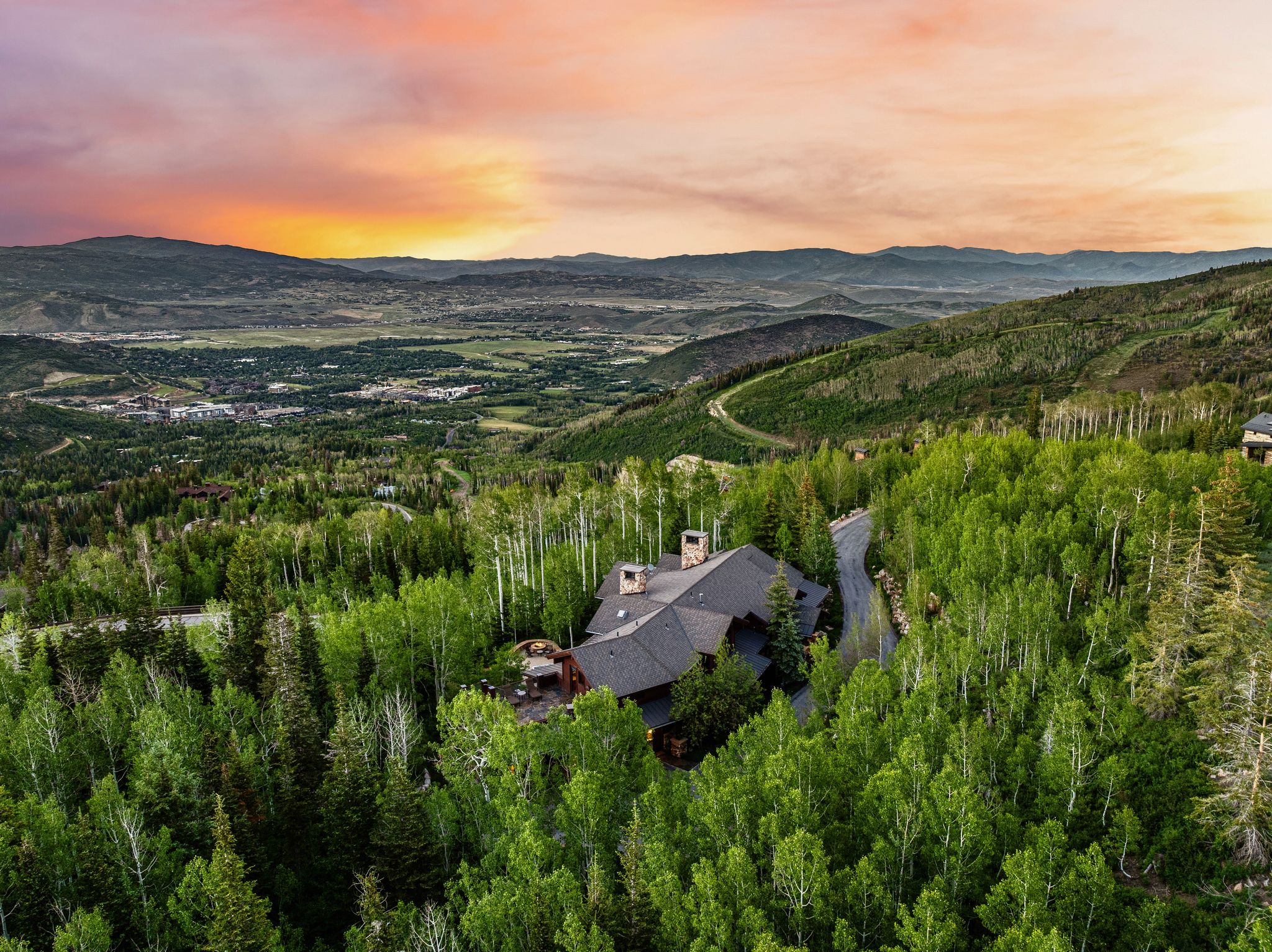 Hillside property featuring a dark-toned roof, multiple chimneys, and surrounding mature trees