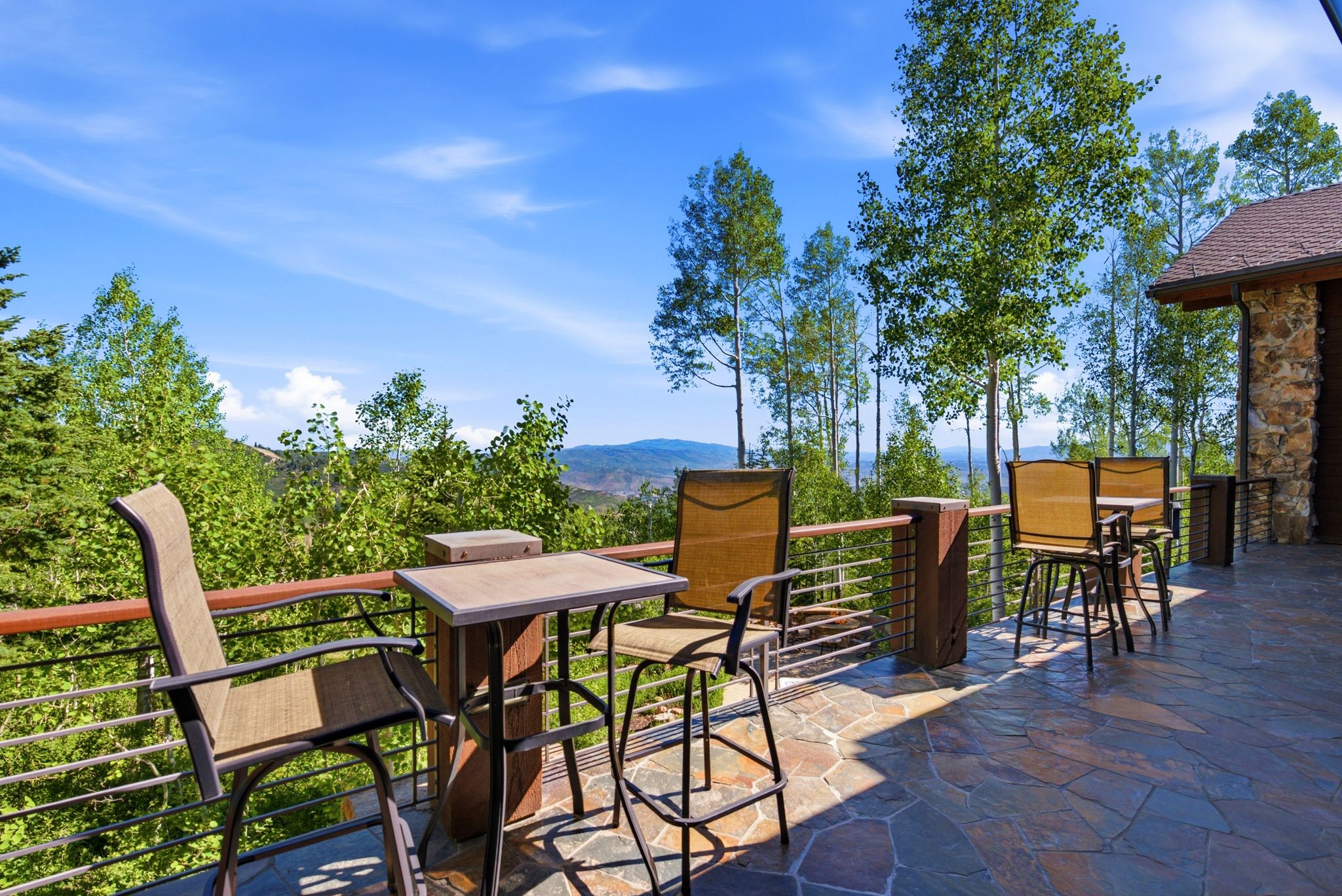Expansive outdoor patio featuring flagstone flooring and a cable railing system