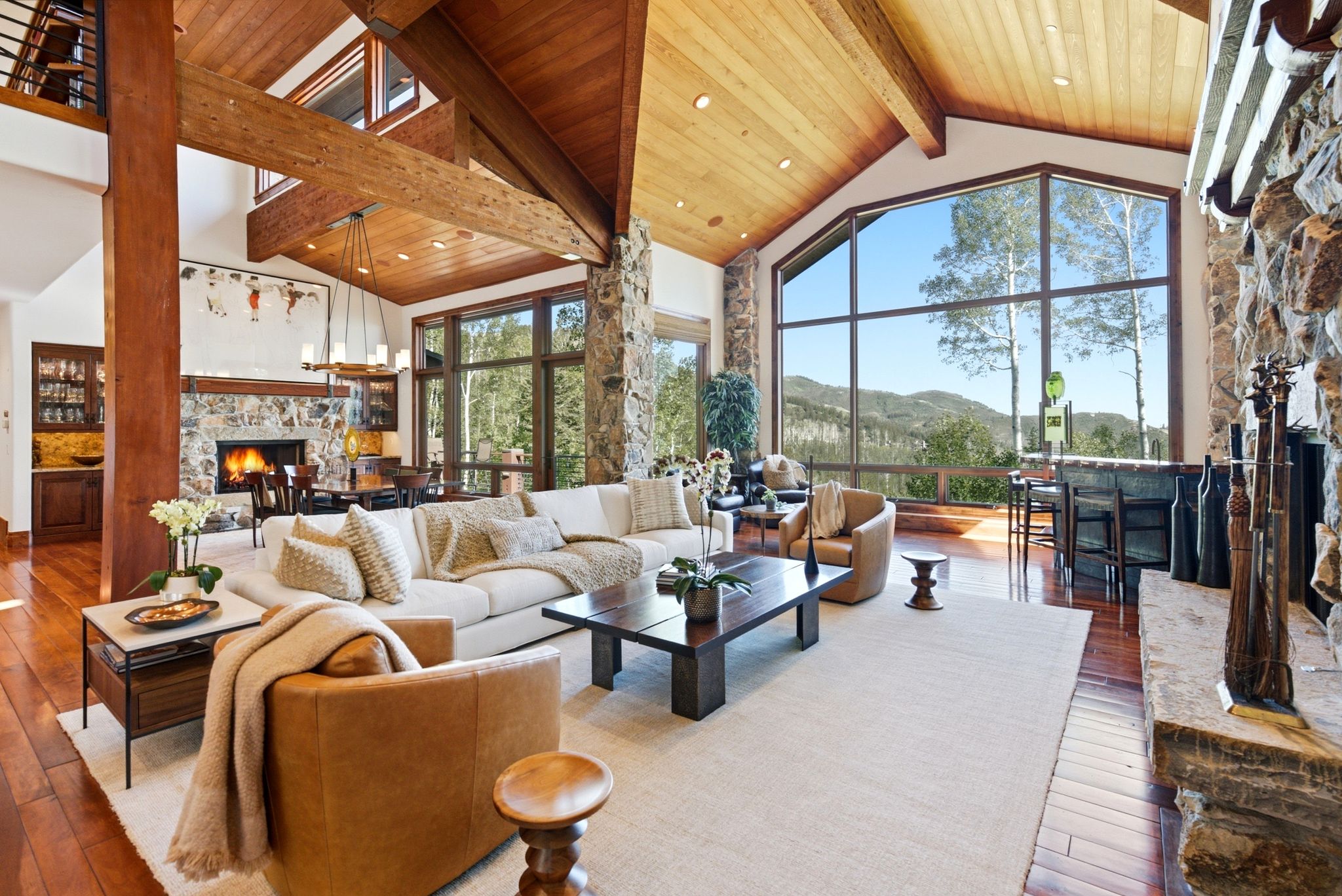 Vaulted wood-paneled ceilings with exposed beams