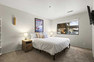 Bedroom featuring a large window with roller shades, light grey wall paint, and tan carpet flooring