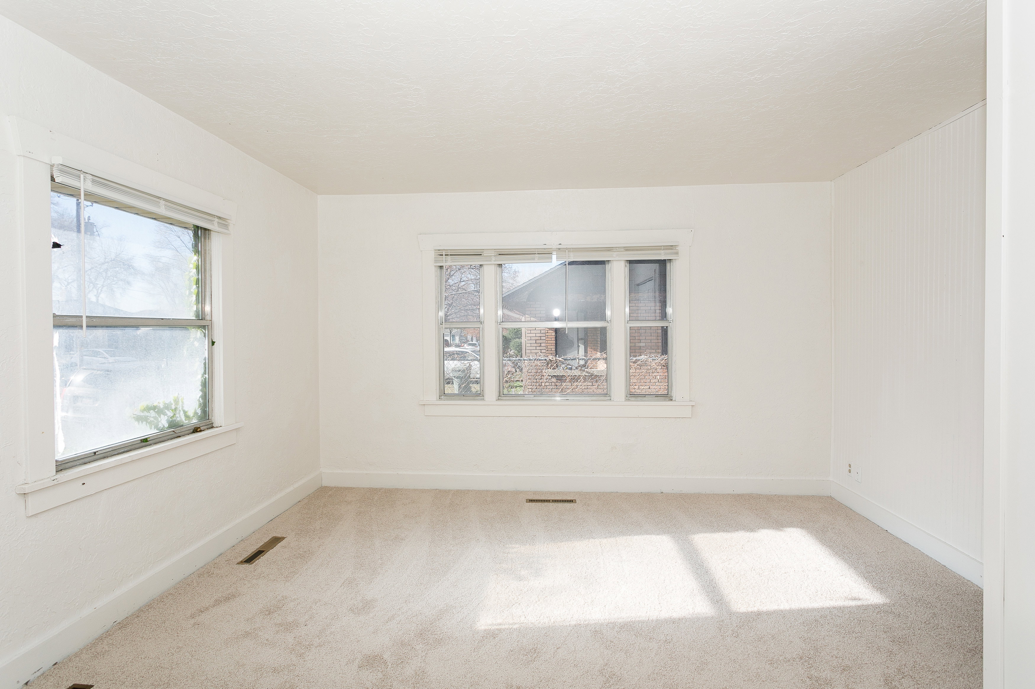 Bright interior space featuring two windows with blinds, light-toned carpeting, white walls, and white trim