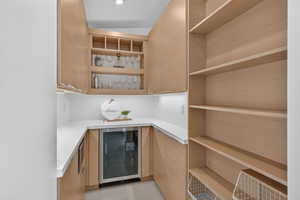 Custom pantry featuring light wood-finish cabinetry, integrated shelving, and white countertops