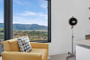 Large format window with black trim showcasing a distant mountain landscape