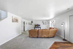 Open-concept living space featuring light gray carpeting and wood-finish flooring