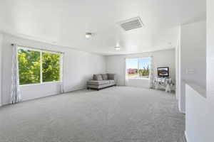 Spacious interior room featuring light gray carpeting, multiple large windows, and a neutral wall palette