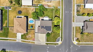Aerial view highlighting the property's corner lot position
