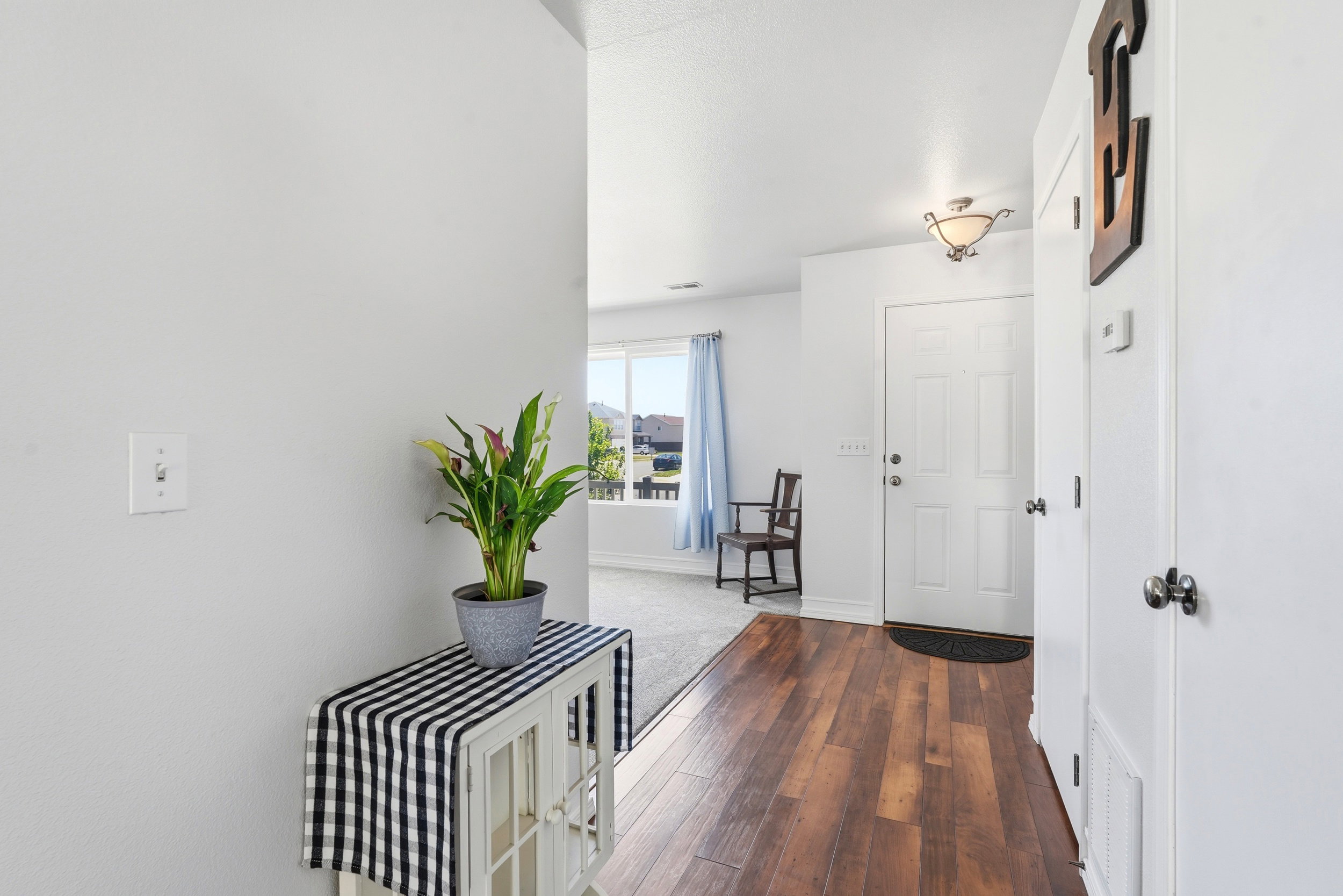 Foyer featuring wood-finish flooring, white paneled doors, and a decorative ceiling light fixture