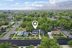 Aerial perspective showcasing a residential street lined with mature trees, featuring a prominent two-story home with a dark roof