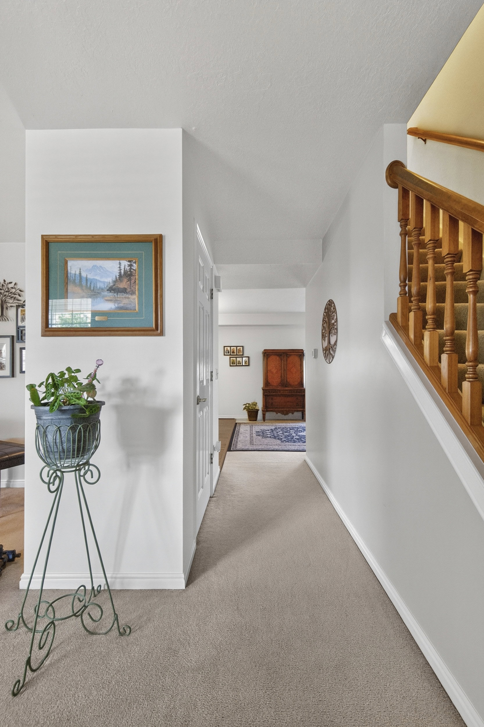 Carpeted hallway with white walls and baseboards