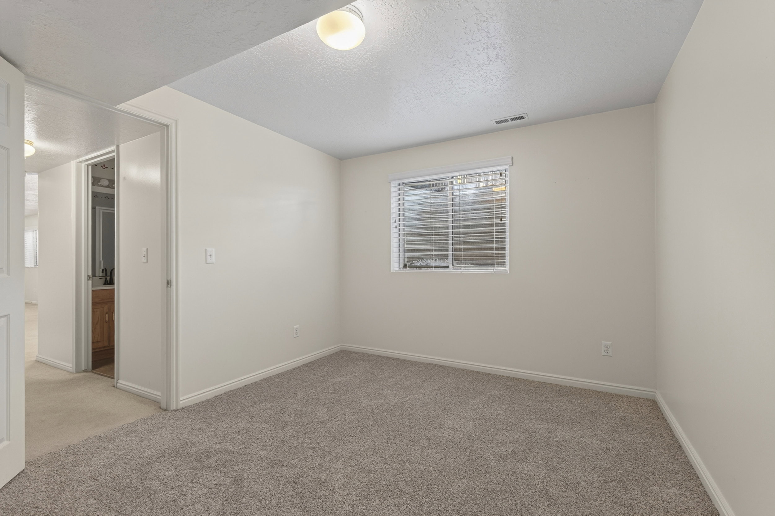 Carpeted room featuring a window with horizontal blinds, light-colored walls, and a flush-mount ceiling light fixture