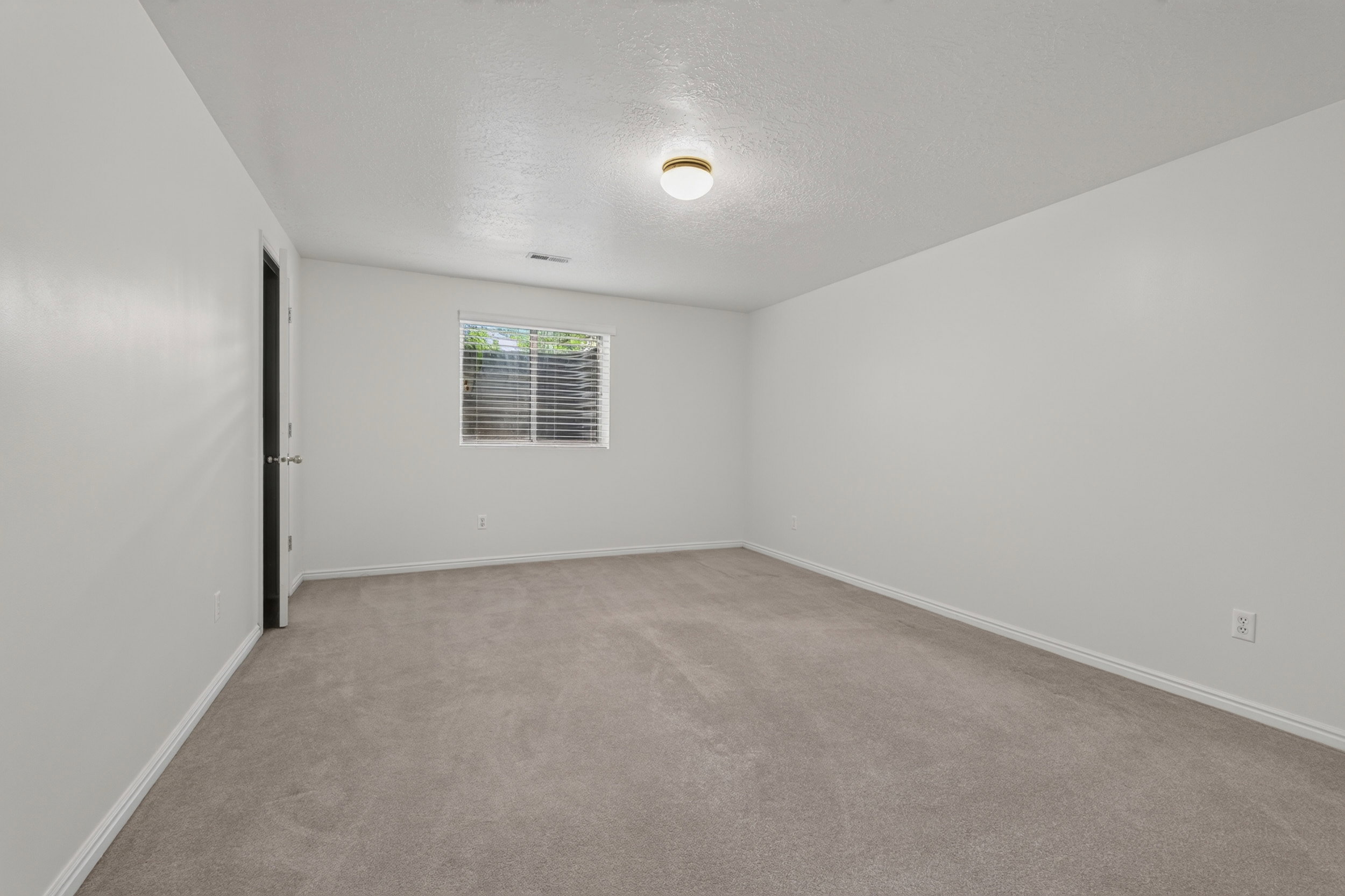 Spacious room featuring neutral carpet flooring and white painted walls