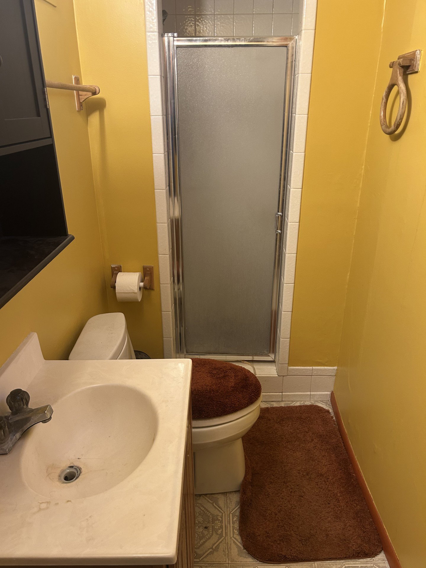 Compact bathroom featuring a shower with a frosted glass enclosure, a white toilet, and a white sink with a vanity