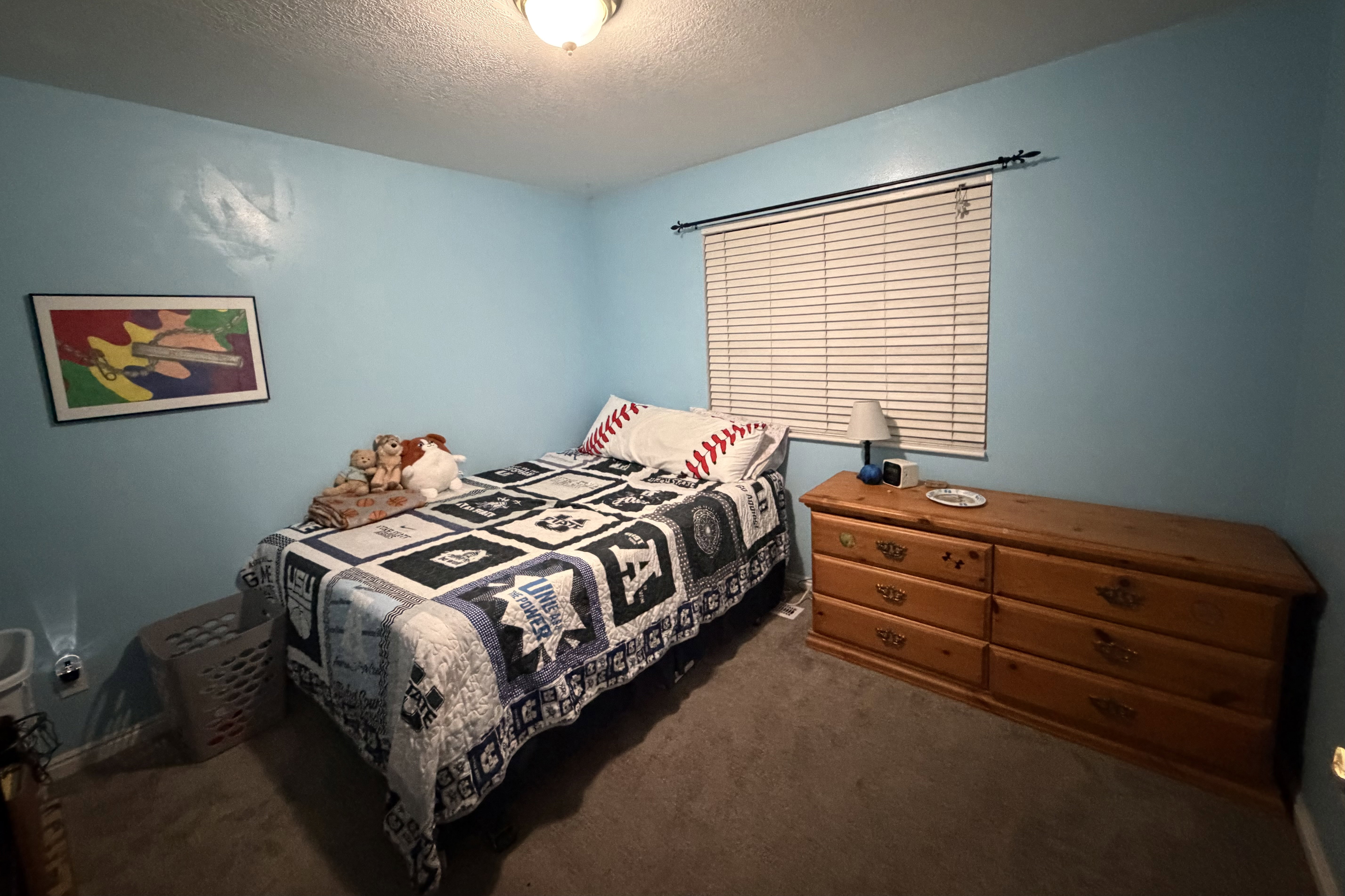 Bedroom featuring light blue walls, a single window with horizontal blinds, and a flush-mount ceiling light fixture