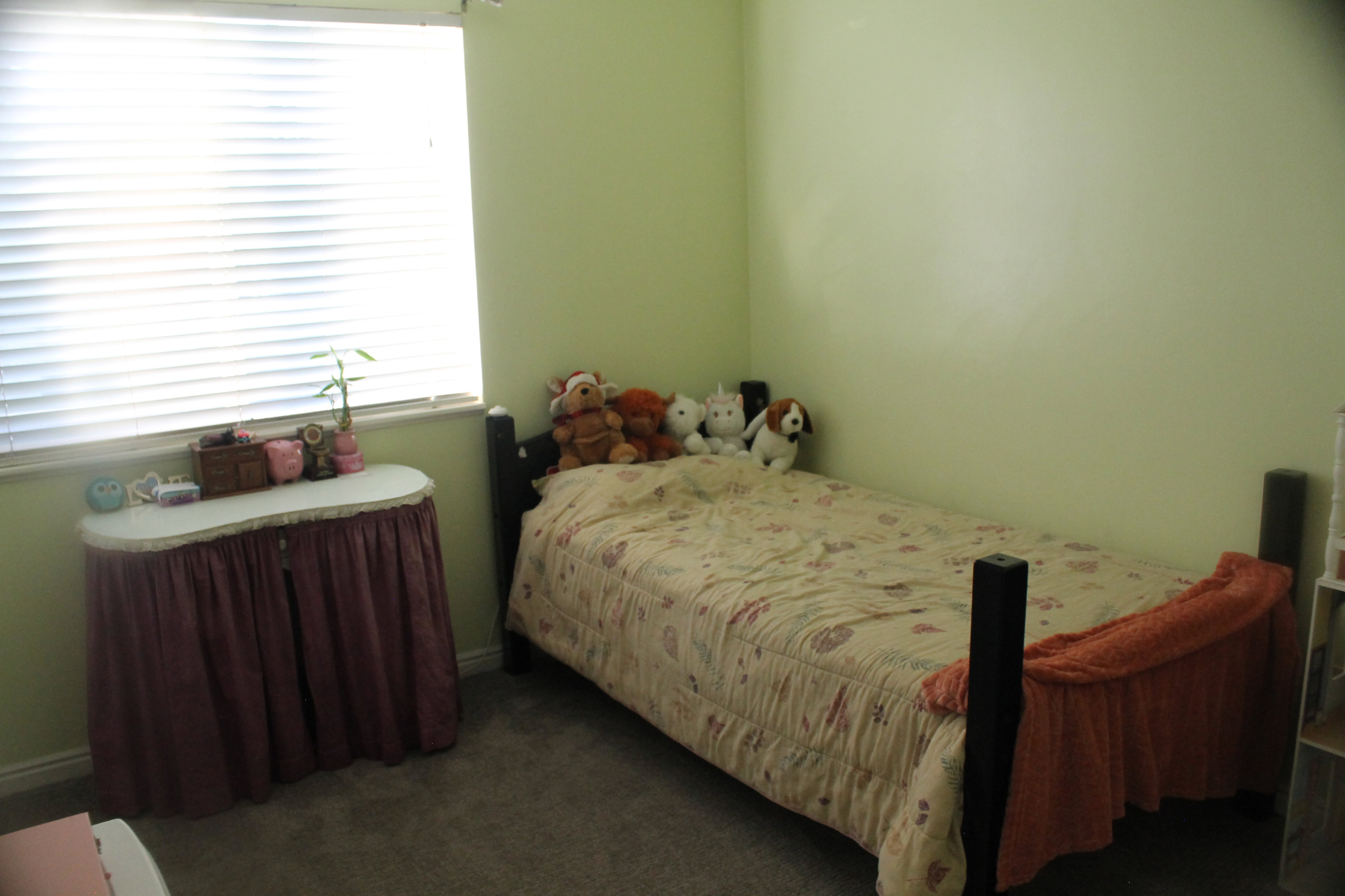 Room featuring a window with horizontal blinds, light green wall paint, and gray carpet flooring
