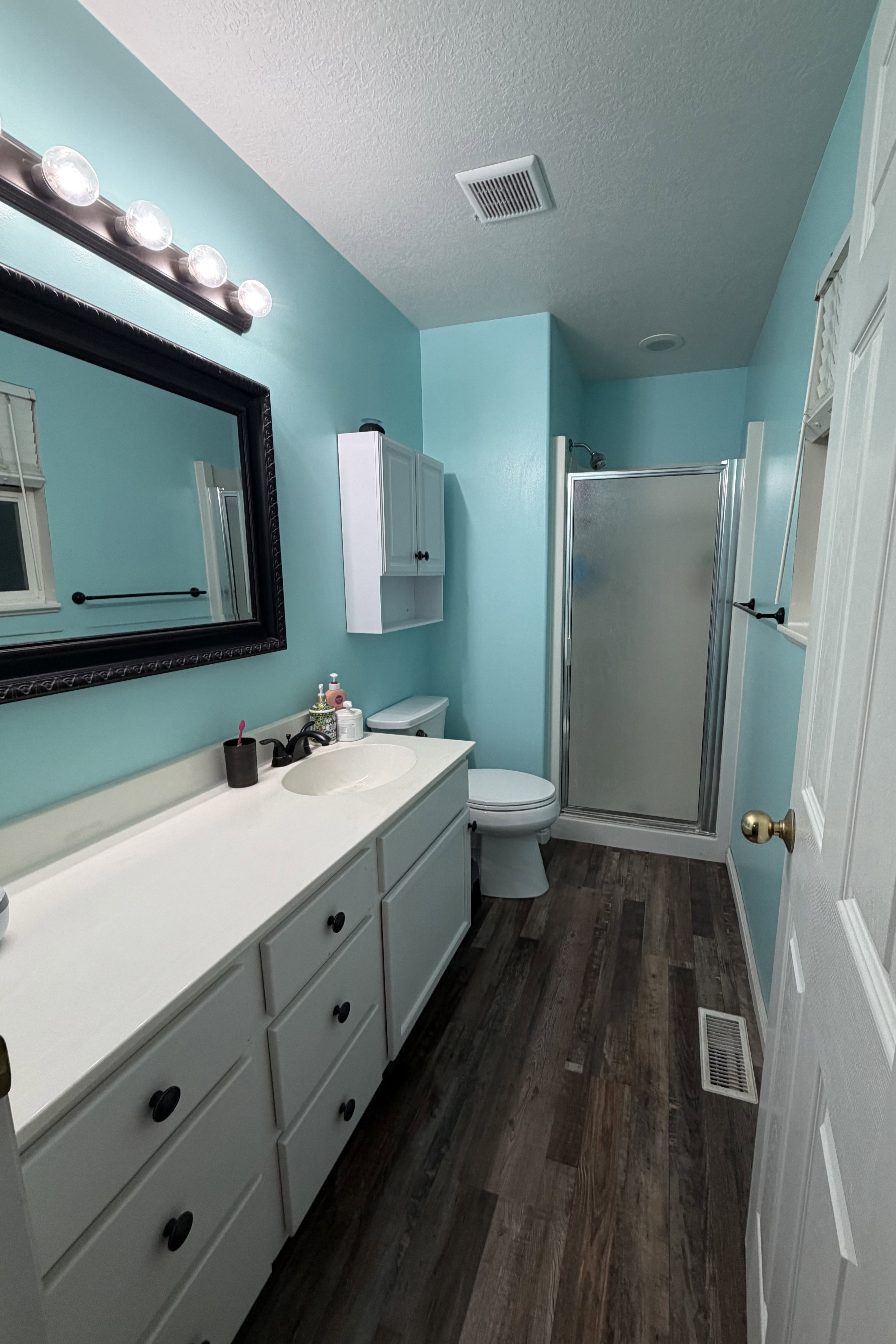 Bathroom featuring a single vanity with storage, wood-finish flooring, and a stand-up shower with frosted glass