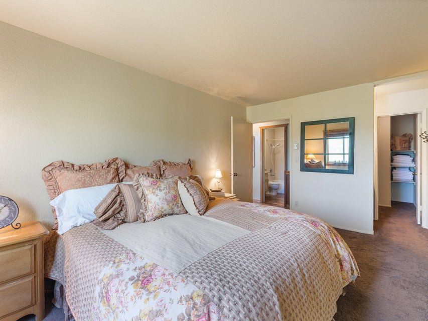 Carpeted bedroom featuring light-colored walls and a built-in closet with shelving