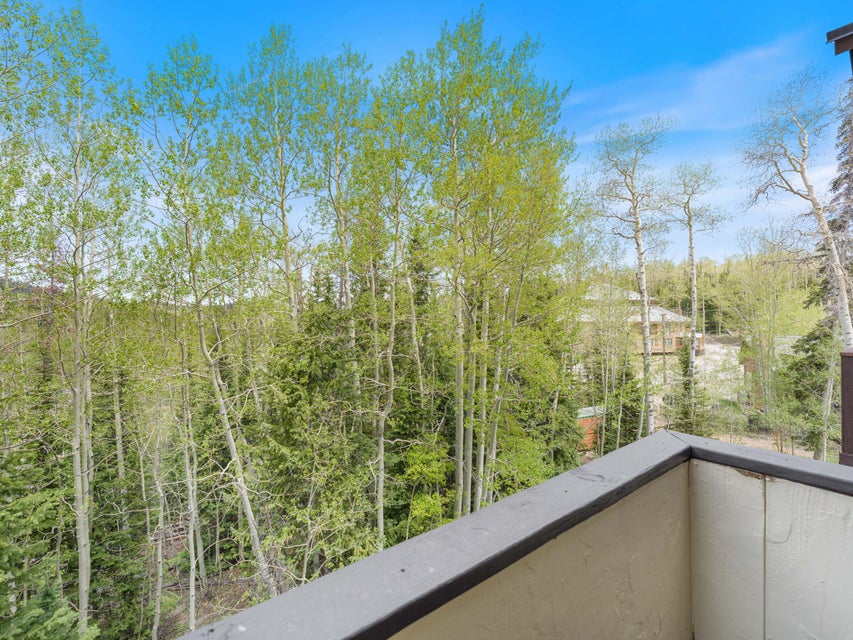 Outdoor deck with a dark railing and cream-colored exterior wall, offering expansive tree-lined surroundings