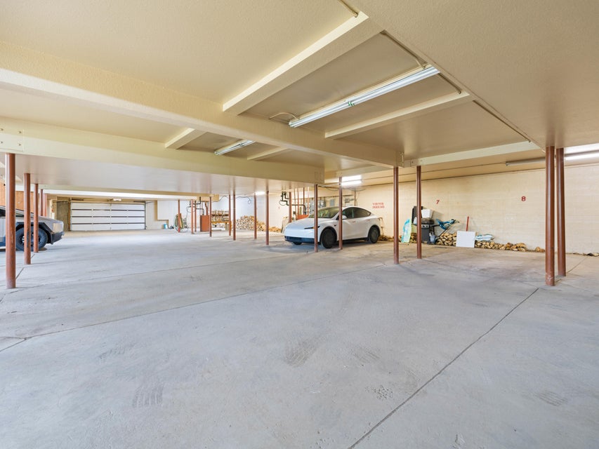 Expansive covered concrete parking area featuring multiple support columns, fluorescent overhead lighting, and a roll-up garage door