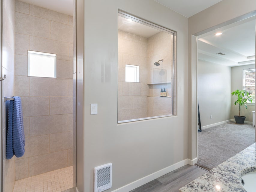 Spacious bathroom featuring a glass-enclosed shower with tile surround and an integrated niche, a separate walk-in shower with tile walls and floor, and a stone-finish countertop with an under-mount sink