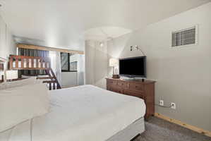 Carpeted bedroom with a built-in bunk bed, a window with curtains, and light gray walls