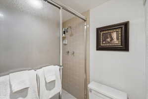 Shower enclosure with frosted glass panel and chrome frame