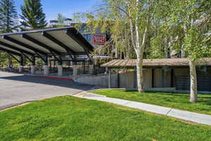Covered entrance with a multi-level concrete and asphalt driveway