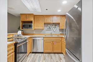Kitchen featuring wood cabinetry, stainless steel appliances, and wood-finish flooring