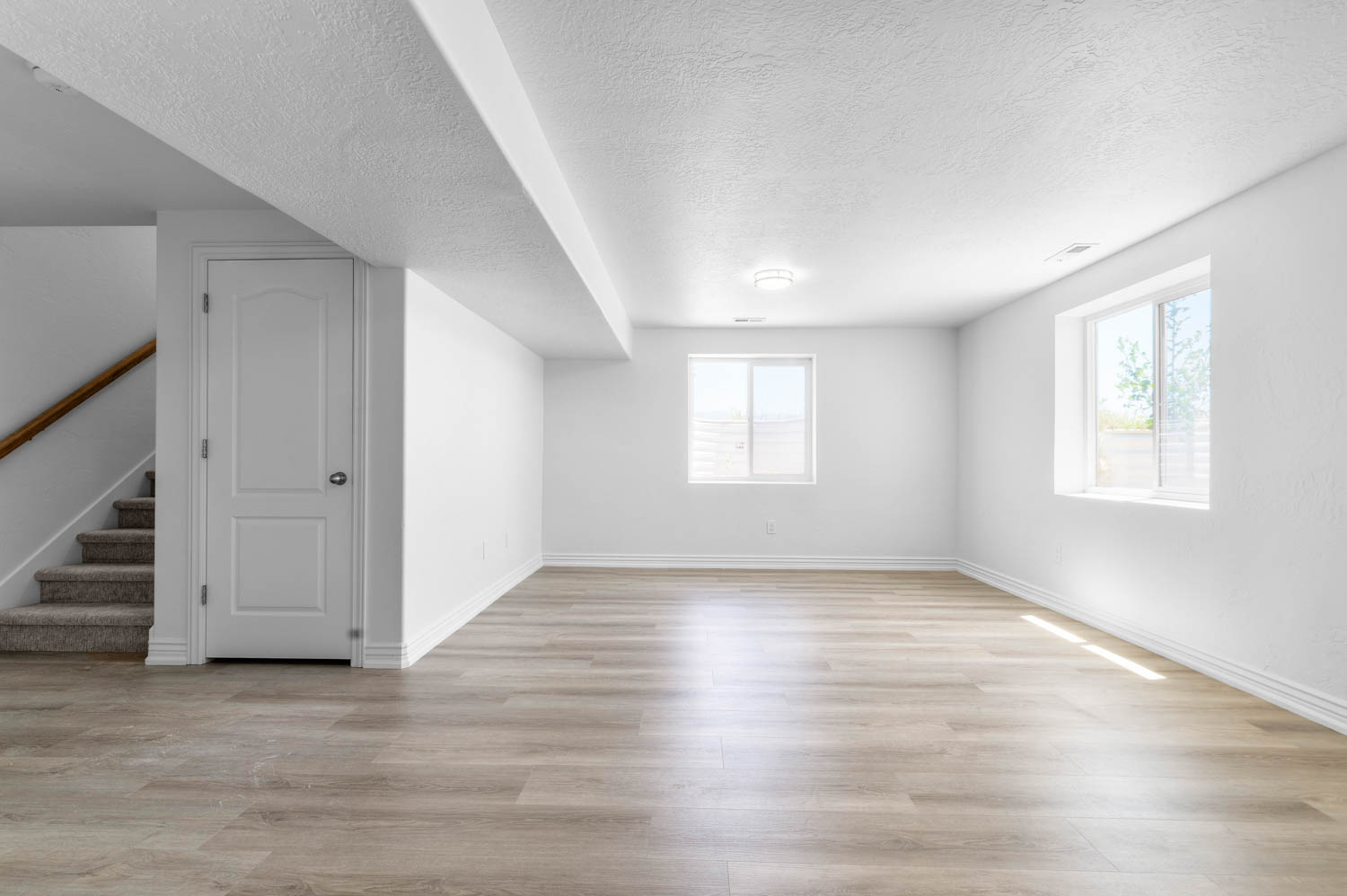 Spacious room featuring light wood-finish flooring, two windows, recessed lighting, and a white paneled door