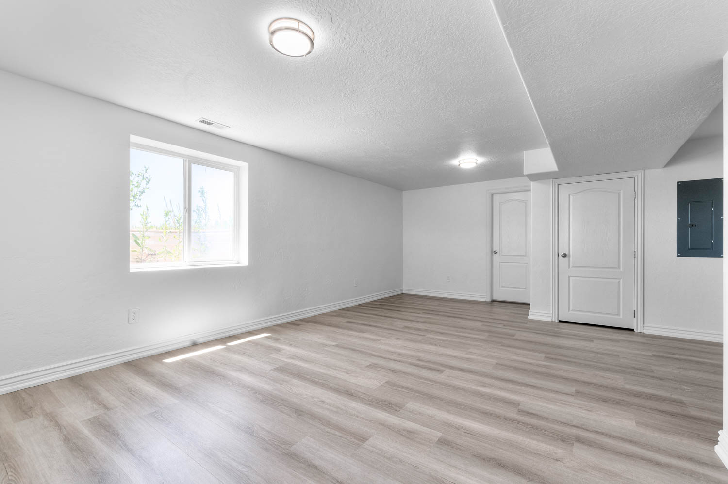Spacious room with light wood-finish flooring