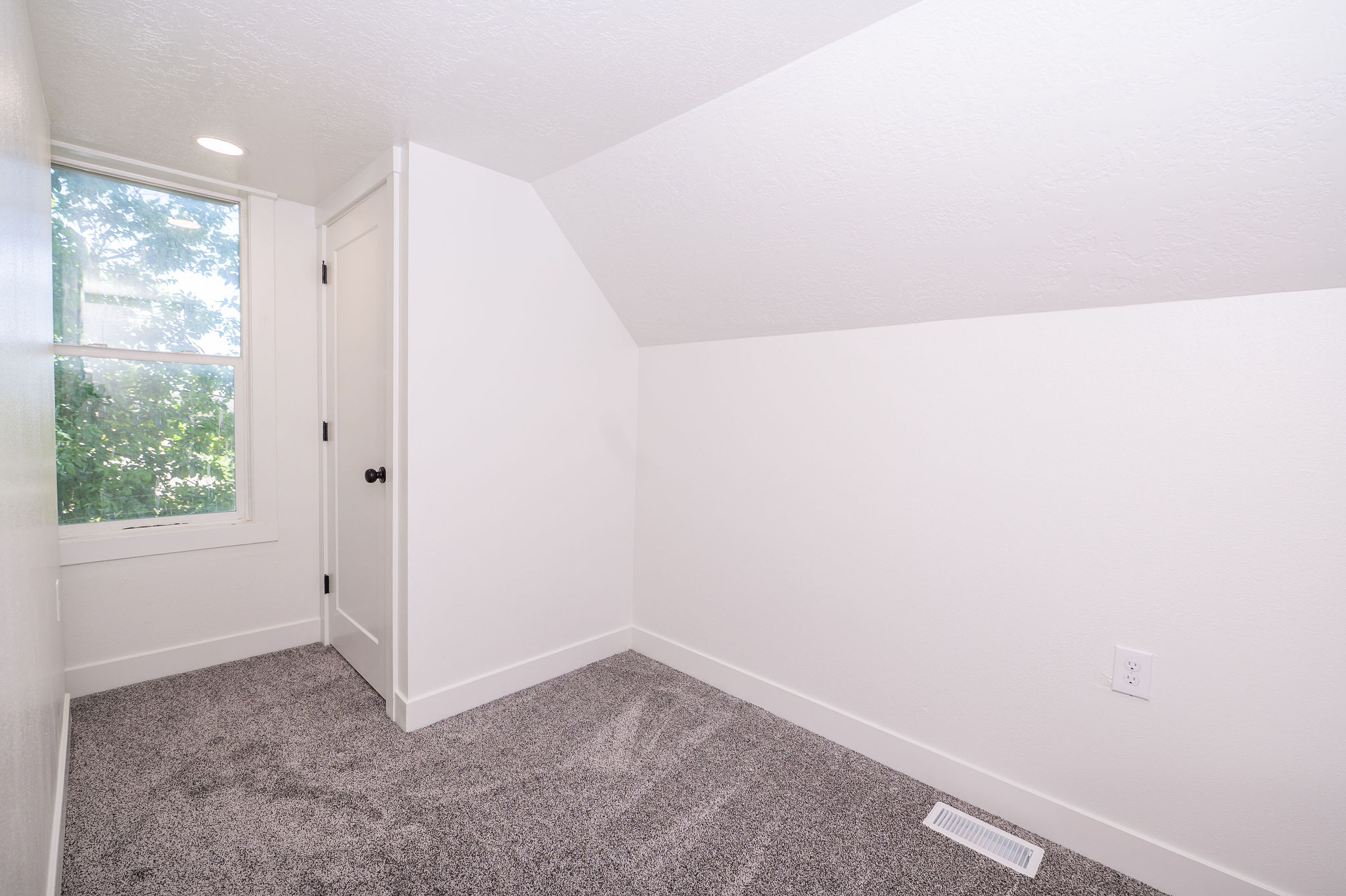 Carpeted room featuring a double-hung window, a flush-mount ceiling light, a two-panel interior door with matte black hardware, and an angled ceiling line