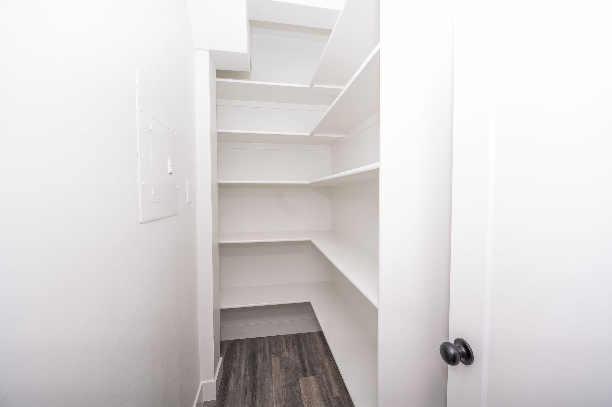 Walk-in pantry featuring built-in shelving, white painted walls, and wood-finish flooring