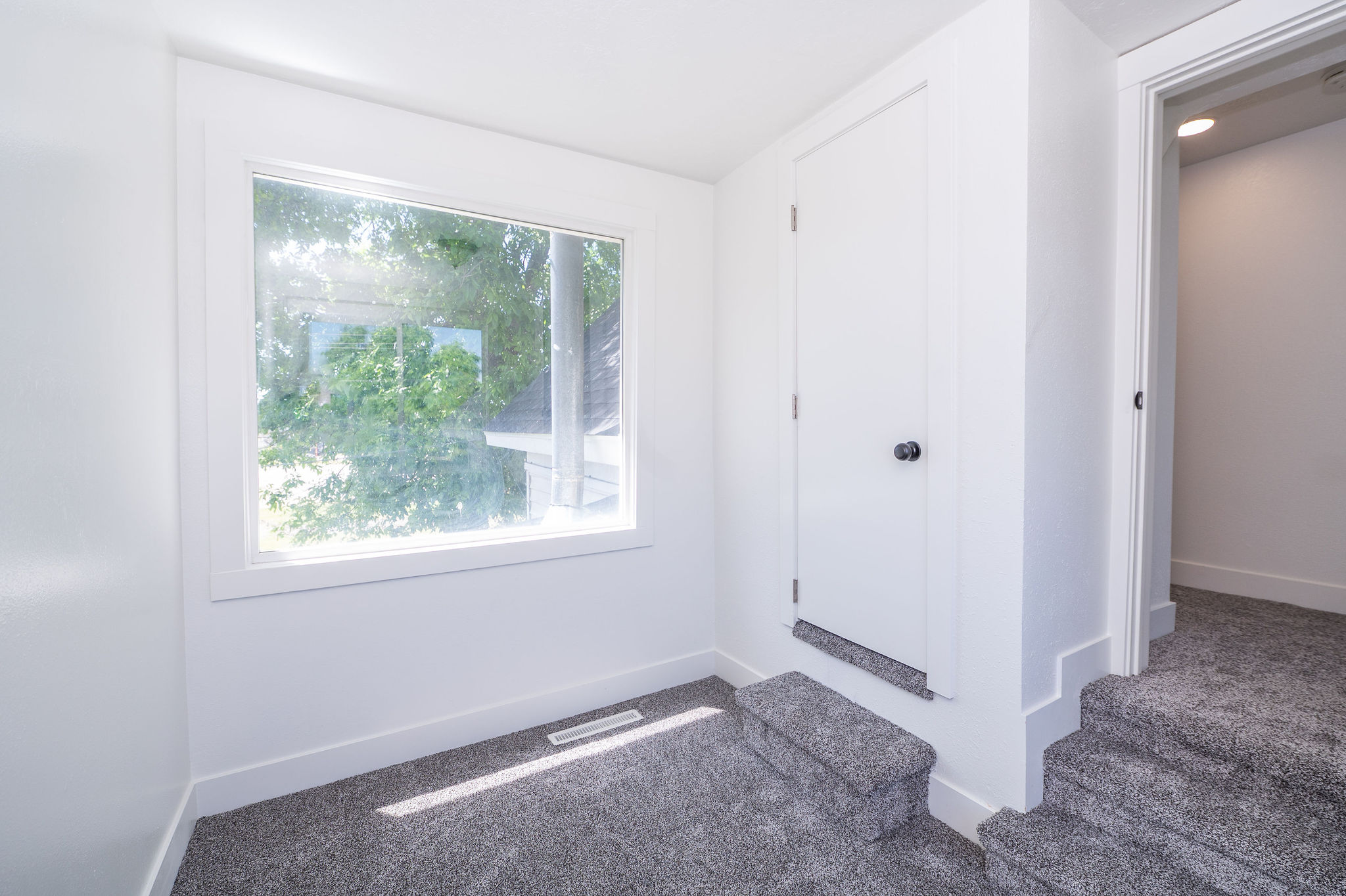 Carpeted interior space featuring a large window, white trim, a white door with black hardware, and carpeted steps