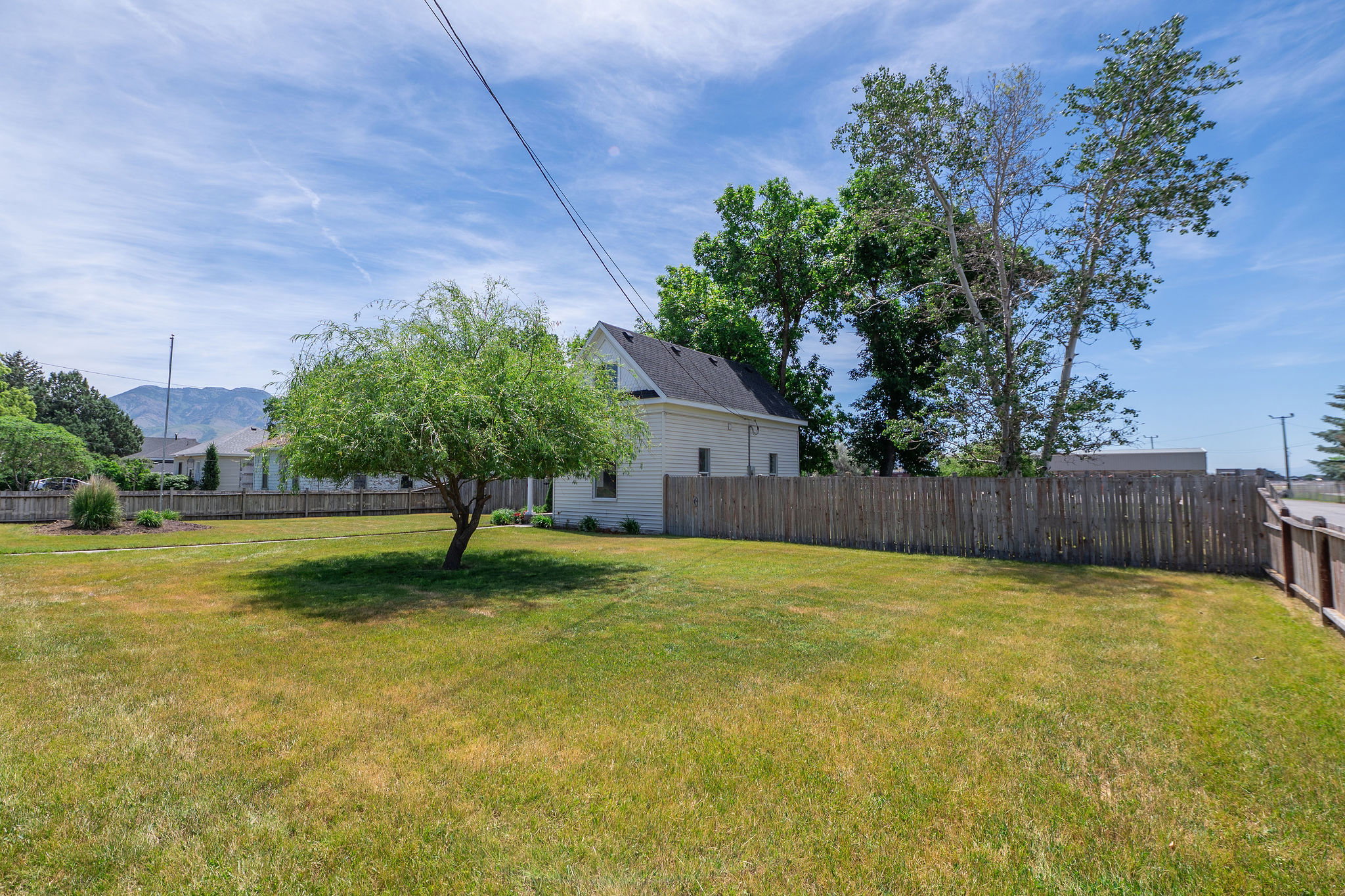 Expansive backyard with a lush green lawn and mature trees, featuring a privacy fence and a white-sided house