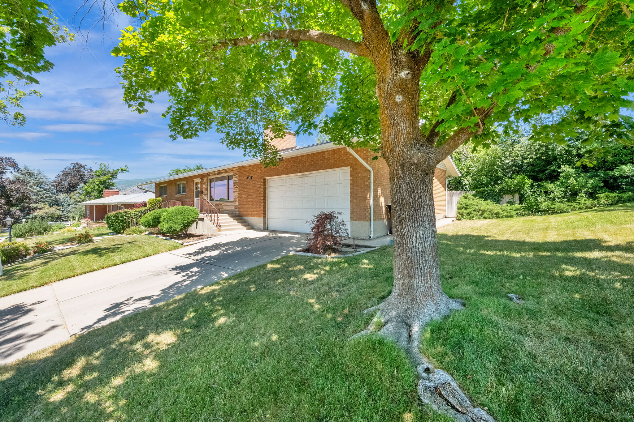 Brick exterior with an attached garage and a mature shade tree