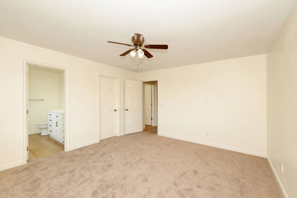Spacious room with plush carpet flooring, a ceiling fan with light fixture, and neutral wall tones
