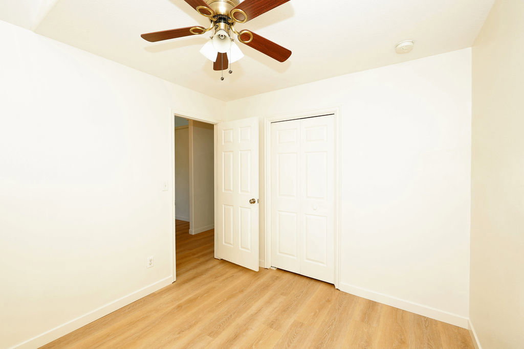 Bright room featuring wood-finish flooring, a ceiling fan with light fixture, white baseboards, and two white panel doors
