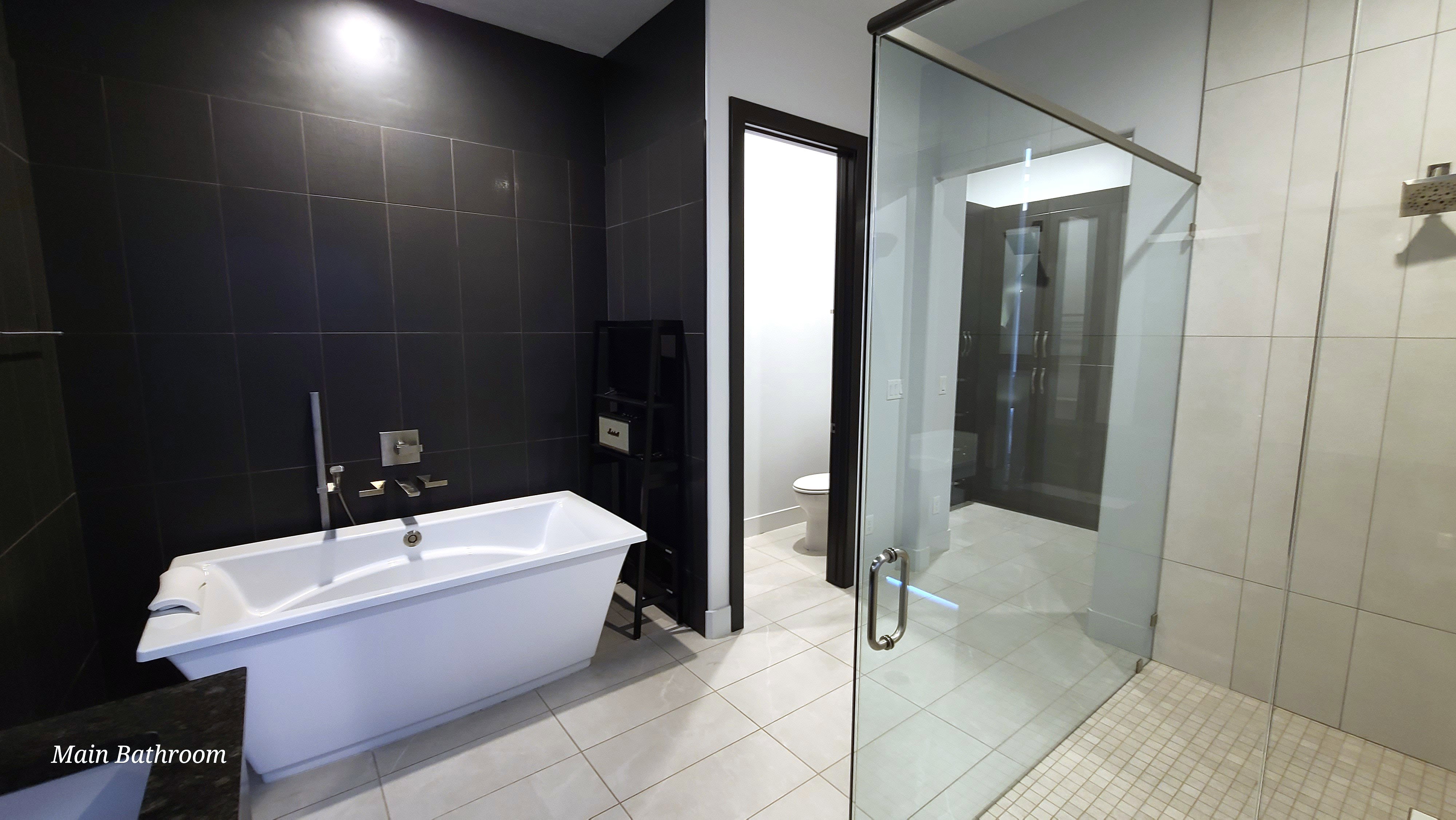 Black tiled accent wall featuring a freestanding bathtub with wall-mounted fixtures