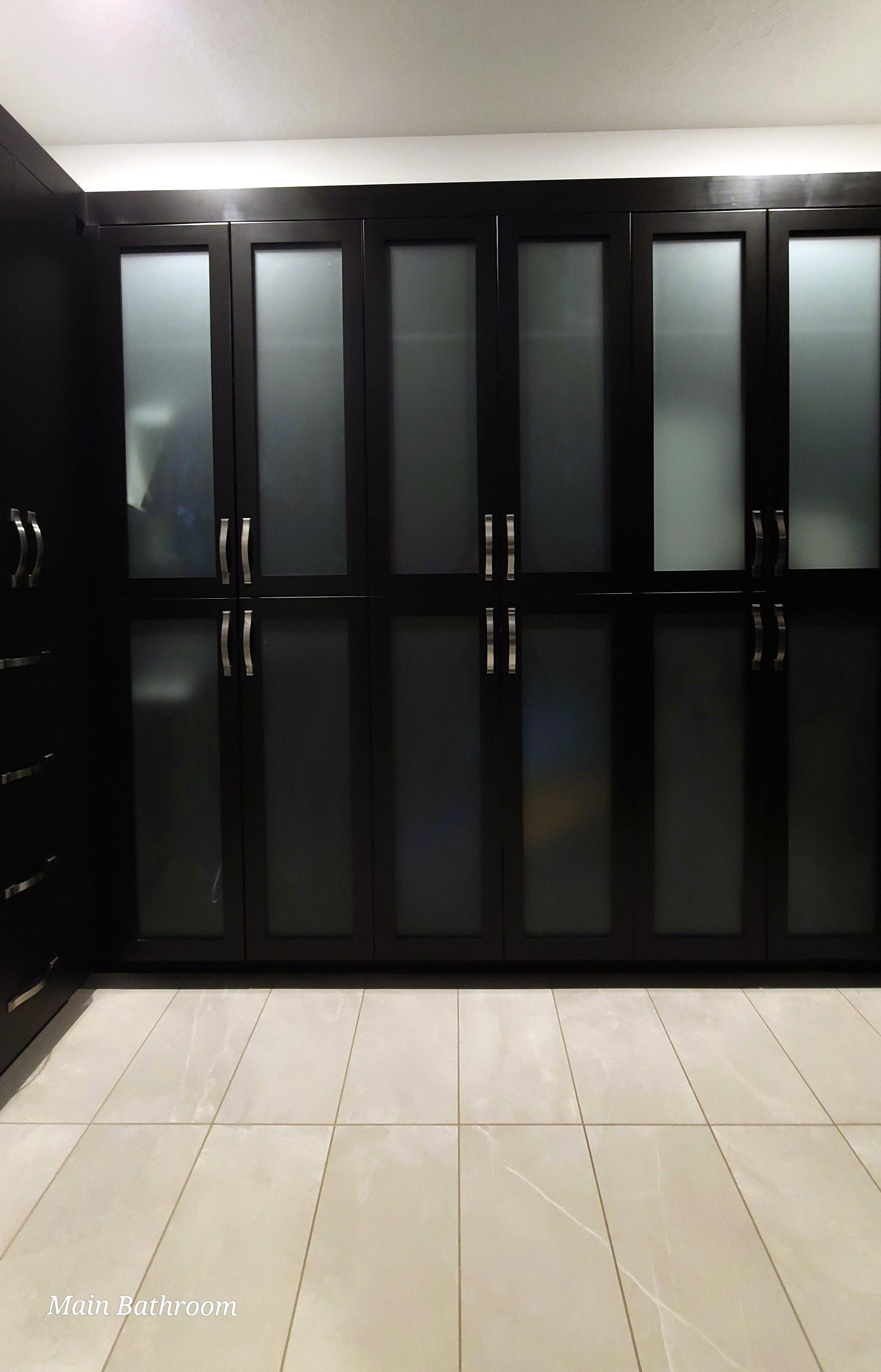 Built-in dark wood cabinetry featuring frosted glass panel doors and brushed nickel hardware